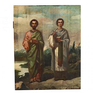 Large Russian Icon Depicting Saints Cosmas and Damian 