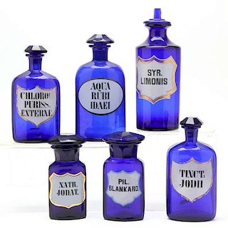 Group of Six Cobalt Apothecary Bottles 