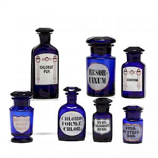 Group of Seven Cobalt Blue Apothecary Bottles  