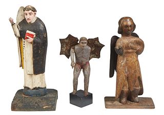 Three Carved Wooden Santos, 19th c., consisting of a standing angel, with iron wings, on a plinth base; a polychromed standing angel, in priest's garb