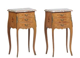 Pair of French Louis XV Style Marquetry inlaid Carved Cherry Marble Top Nightstands, early 20th c., the stepped bombe highly figured brown marble, ove