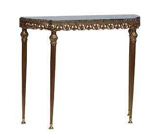 French Louis XVI Style Ormolu Mounted Walnut Marble Top Console Table, late 19th c., the breakfront top with an inset figured verde antico marble, ato