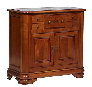 French Diminutive Louis Philippe Carved Cherry Marble Top Sideboard, 20th c., the rounded edge and corner inset highly figured brown marble top over a