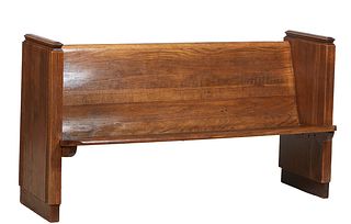 Carved Oak Church Pew, 29th c, with stepped arms, H.- 35 1/2 in., W.- 65 in., D.- 22 in.