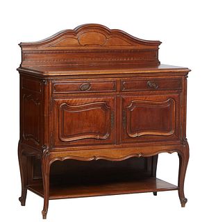 French Louis XV Style Carved Walnut Marble Top Server, late 19th c., the lifting hinged folding shelf lid over an inset highly figured brown marble, a