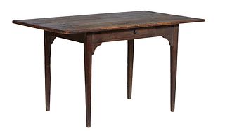 French Provincial Carved Oak Farmhouse Table, 19th c., the rectangular three board top over a wide skirt, with one end drawer, on square block legs jo