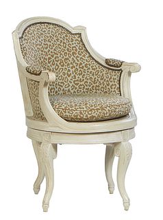 Louis XV Style Polychromed Beech Swivel Armchair, early 20th c., the arched curved canted back over upholstered arms and a cane seat, with a removable