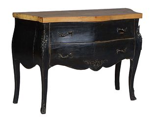 Louis XV Style Polychromed Pine Bombe Commode, 21st c., the natural pine top over two deep bowed drawers, flanked by bombe sides, on cabriole legs, in