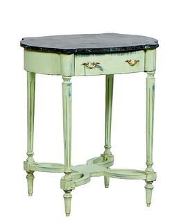 Louis XVI Style Polychromed Pine Marble Top Side Table, 21st c., the figured black tortoise marble in a conforming base with a frieze drawer, on turne