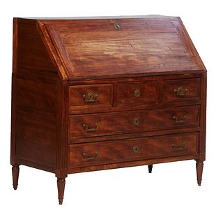 French Louis XV Style Carved Walnut Slant Front Desk, 19th c., the rectangular top over a slant lid with an inset gilt tooled black leather writing su