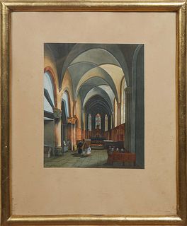 F. Fauze de Monginot (French), "Church Interior," 1860, watercolor on paper, signed and dated lower left, floated on a mat and presented with a gold l