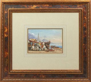 Continental School, "View of Vesuvius," 20th c., gouache on paper, unsigned, presented in a large mat and gilt frame, H.- 4 3/8 in., W.- 6 5/8 in., Fr