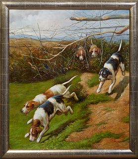 Anton Nicolaas Marie Karssen (1945-2019, Dutch), "Running Hounds," 20th c., oil on canvas laid to board, signed lower right, presented in a silvered f