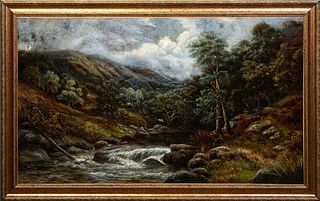 Edwin Ellis (1842-1895, British), "Wooded Landscape," 19th c., signed lower left, presented in a polychromed frame, H.- 21 3/4 in., W.- 37 1/2 in., Fr