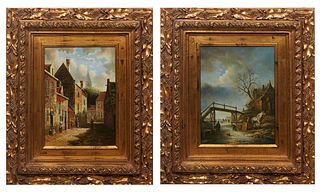 Chinese School, "European Street Scene," and "Winter River Scene," 20th c., pair of oils on board, the first signed indistinctly lower right, each pre