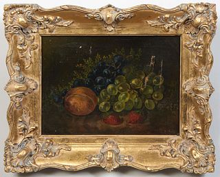 W. Hunt, "Still Life of Fruit with Grapes, Strawberries, and Peach," 19th c., oil on canvas, signed lower right, with a "Reeves and Sons Artists' Canv