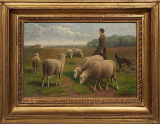 Jacob van Dieghem (Netherlands/Belgium, 1843-1885), "Shepherdess and Her Flock of Sheep," 19th c., oil on canvas, signed lower right, presented in a g
