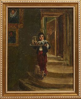 Spanish School, "Young Boy Bringing Wine and Food," 19th c., oil on canvas, unsigned, presented in a gilt frame, H.- 13 5/8 in., W.- 19 3/4 in., Frame