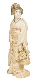 Japanese Carved and Polychromed Ivory Figure of a Geisha, early 20th c., signed on the underside, H.- 8 1/2 in., W.- 3 in., D.- 3 1/4 in.