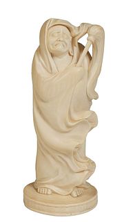 Chinese Carved Ivory Figure, early 20th c., of an Elder with a mop, on an integral oval base, with an incised seal mark on the underside, H.- 7 1/4 in