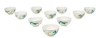 Set of Ten Chinese Doucai Rice Bowls, 20th c., with dragon decoration, the underside with a spurious Wan Li underglaze mark, H.- 2 1/4 in., Dia.- 4 1/