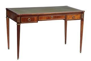 Louis XVI Style Ormolu Mounted Carved Walnut Writing Table, 20th c., the stepped cookie corner top with an inset green gilt tooled leather writing sur