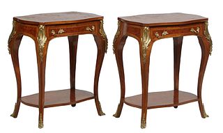 Pair of Louis XV Style Inlaid Ormolu Mounted Kingwood Lamp Tables, 20th c., the parquetry inlaid tortoise top above a frieze drawer, on cabriole legs 