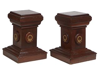 Pair of Bronze Ormolu Mounted Mahogany Low Pedestals, 20th c., the stepped square top on a square support, to a stepped square base, H.- 24 2/4 in. W.