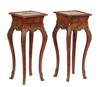 Pair of Louis XV Style Ormolu Mounted Inlaid Kingwood and Walnut Lamp Tables, 20th c., the dished top with a twisted bronze wire border over a frieze 