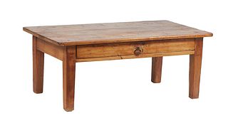 Louisiana Carved Cypress Coffee Table, early 20thc., the rounded corner top above a wide skirt with a long frieze drawer, on tapered square legs, H.- 