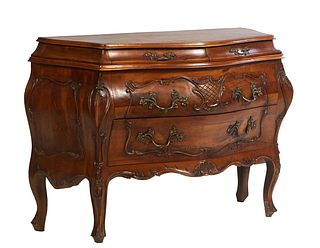 Louis XV Style Carved Mahogany Bombe Commode, 20th c., the stepped bowed top over a conforming frieze drawer and two deep drawers, flanked by bombe si