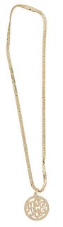14K Yellow Gold Flat Herringbone Chain, and a pierced 14K Yellow gold monogram pendant, Pendant- H.- 1 3/8 in., W.- 1 3/16 in., L.- 17 1/2 in., Wt.- .