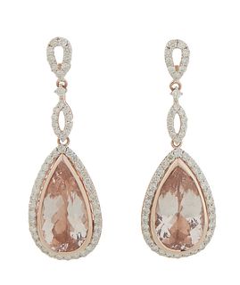 Pair of 14K Rose Gold Pendant Earrings, with a pierced diamond mounted stud, to an oval diamond mounted link, over a pendant pear shaped morganite wit