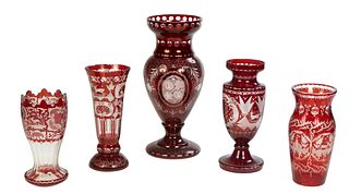 Group of Five Ruby Glass Cut-to-Clear Vases, 20th c., consisting of a large baluster vase; two smaller baluster vases; a trumpet vase and a scalloped 