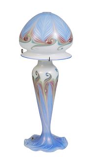 Vandermark Iridescent Art Glass Mushroom Lamp, of pulled feather design, on a wave form base signed "Vandermark, 84, 4501," on the base. H.- 25 in., D
