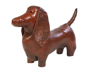 Unusual Brown Leather Dachshund Footstool, 20th c., probably by Omersa, H.- 17 1/2 in., W.- 30 in., D.- 8 in.