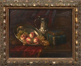 Continental School, "Still Life of Fruit with Silver Bowl and Pitcher," early 20th c., oil on board, signed indistinctly lower right, presented in a s