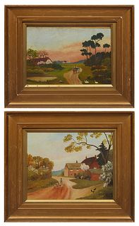 Continental School, Pair of Countryside Views, 20th c., pair of oils on canvas board, unsigned, each presented in matching gilt frames, H.- 7 3/8 in.,