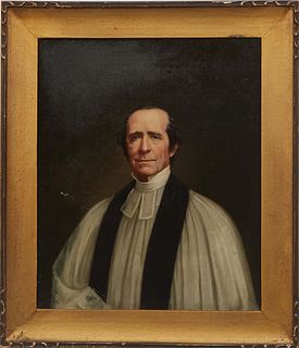 American School, "Portrait of a Clergyman," early 19th c., oil on canvas, unsigned, with a "Mintfie's Artist's, Draughtsman's and Stationery Store, Ba