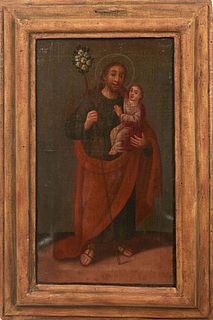 Old Master Style, "Joseph and Jesus," 19th c., oil on canvas, unsigned, presented in a wood frame, H.- 13 3/4 in., W.- 7 1/2 in., Framed H.- 18 1/4 in