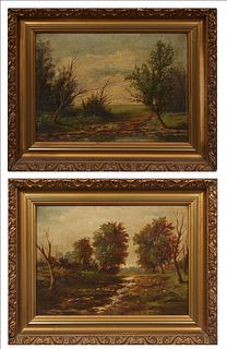 R.J. Hillier, "Landscape View with Stream," and "Landscape View with Pond," late 19th c., pair of oils on canvas board, the first signed and dated "18