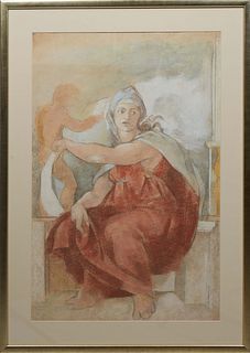 George Valentine Dureau (New Orleans, 1930-2014), "Study of Delphic Sibyl by Michelangelo," charcoal pastel on paper, unsigned, presented in a gilt fr