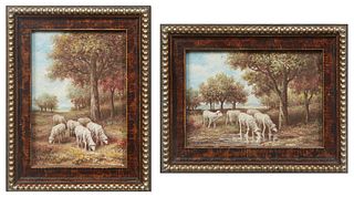 H. Assteya, "Sheep Drinking Water," and "Sheep Grazing," 20th c., pair of oils on board, each signed lower left, each presented in wood frames, H.- 4 