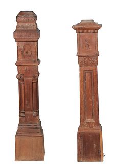 Two American Carved Oak Newel Posts, late 19th c., one leaf carved; the other taller with incised carving and engaged column corners, Leaf- H.- 50 in.