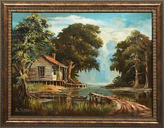 Al Federico (Louisiana), "Bayou Scene with Cabin," 20th c., oil on canvas, signed lower left, presented in a brushed gilt frame, H.- 17 1/2 in., W.- 2