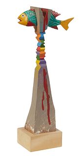 Don Wright, (1938-2007, Louisiana), "Abstract Fish Sculpture, 20th c., carved and painted wood figure of a brightly colored fish, on a blonde mahogany