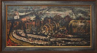 Noel Rockmore (1928-1995, New Orleans), "Ship Graveyard #3," 1964, acrylic on Masonite, signed and dated lower right, with E. L. Borenstein Collection