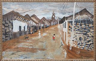 Noel Rockmore (1928-1995, New Orleans), "Mexican Street," 20th c., acrylic on board, signed lower right, with E. L. Borenstein Collection paperwork at