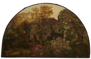 Trenton Havliech, "Demi-Lune Garden View," 19th c., oil on canvas, signed indistinctly lower right, presented on a demilune canvas with wood frame, H.