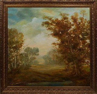 S. Kruszynska-Denham, "Wooded Landscape," c. 1976, oil on canvas, signed and dated lower left, presented in a gilt frame, H.- 39 5/8 in., W.- 41 1/2 i